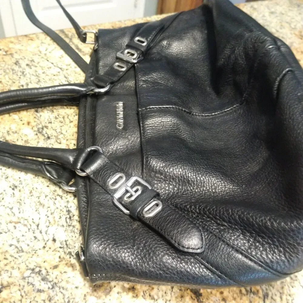 Calvin Klein Black Pebble Leather Convertible Satchel Shoulder Bag Buckle Accent